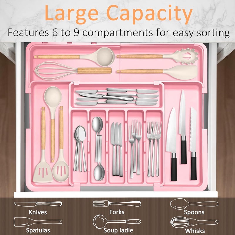 Spaclear Silverware Organizer Expandable Kitchen Utensil Drawer Organizer Large BPA Free Adjustable Cutlery Silverware Tray for Spoons Forks Knives Storage Divider for Kitchen Flatware 6-9 Slots Pink - Image 3